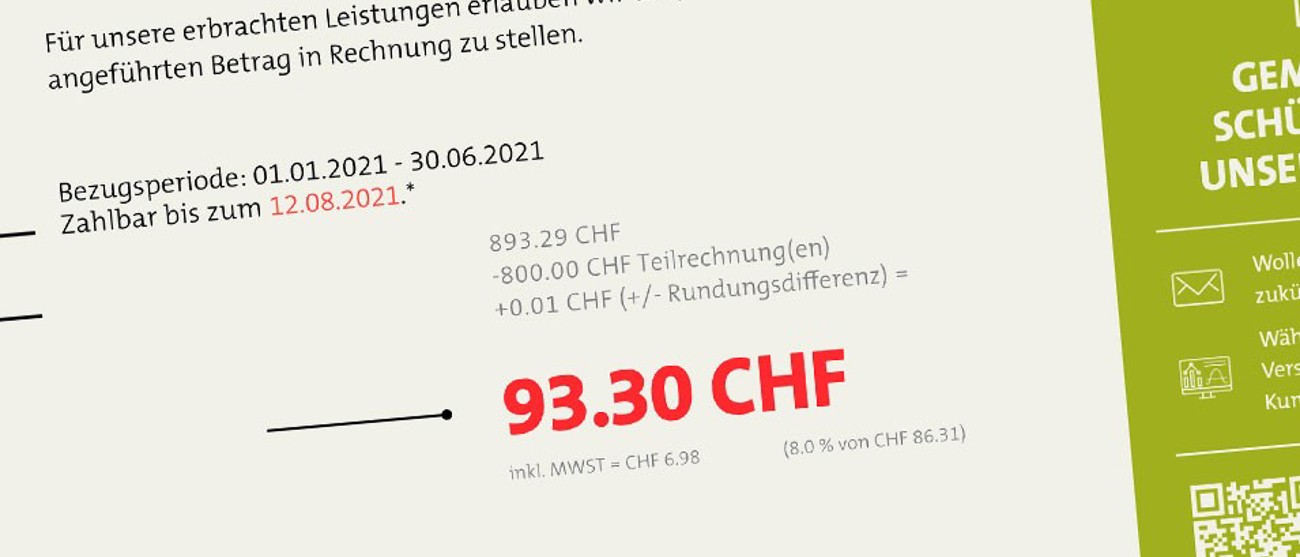 Stromrechnung mit Endbetrag von 93.30 CHF – Symbol für leicht steigende Tarife durch Winterreserve 2024.