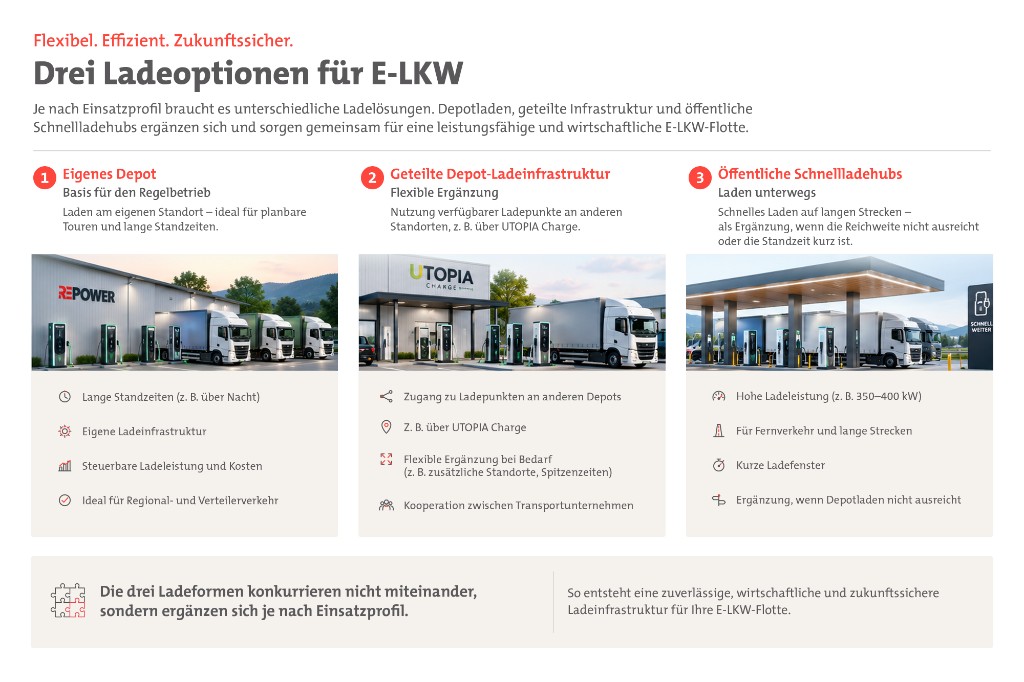 Drei Ladeoptionen für E-LKW: eigenes Depot, geteilte Depot-Ladeinfrastruktur und öffentliche Schnellladehubs ergänzen sich je nach Einsatzprofil.